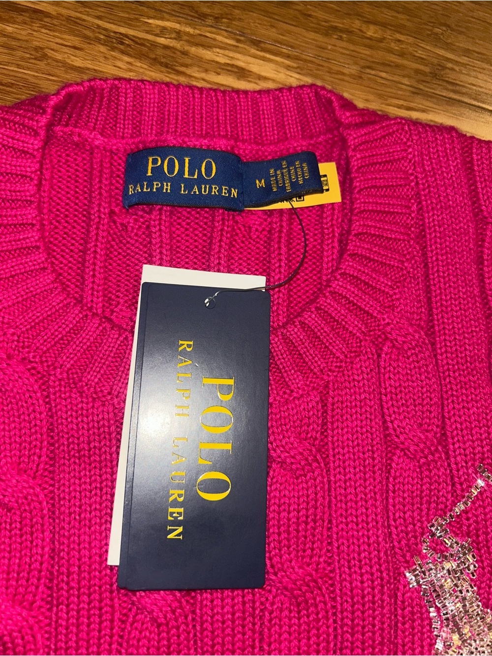 Polo Ralph Lauren Short Sleeve Cable Knit Sweater Beaded Big Pony Logo Pink - Picture 2 of 9